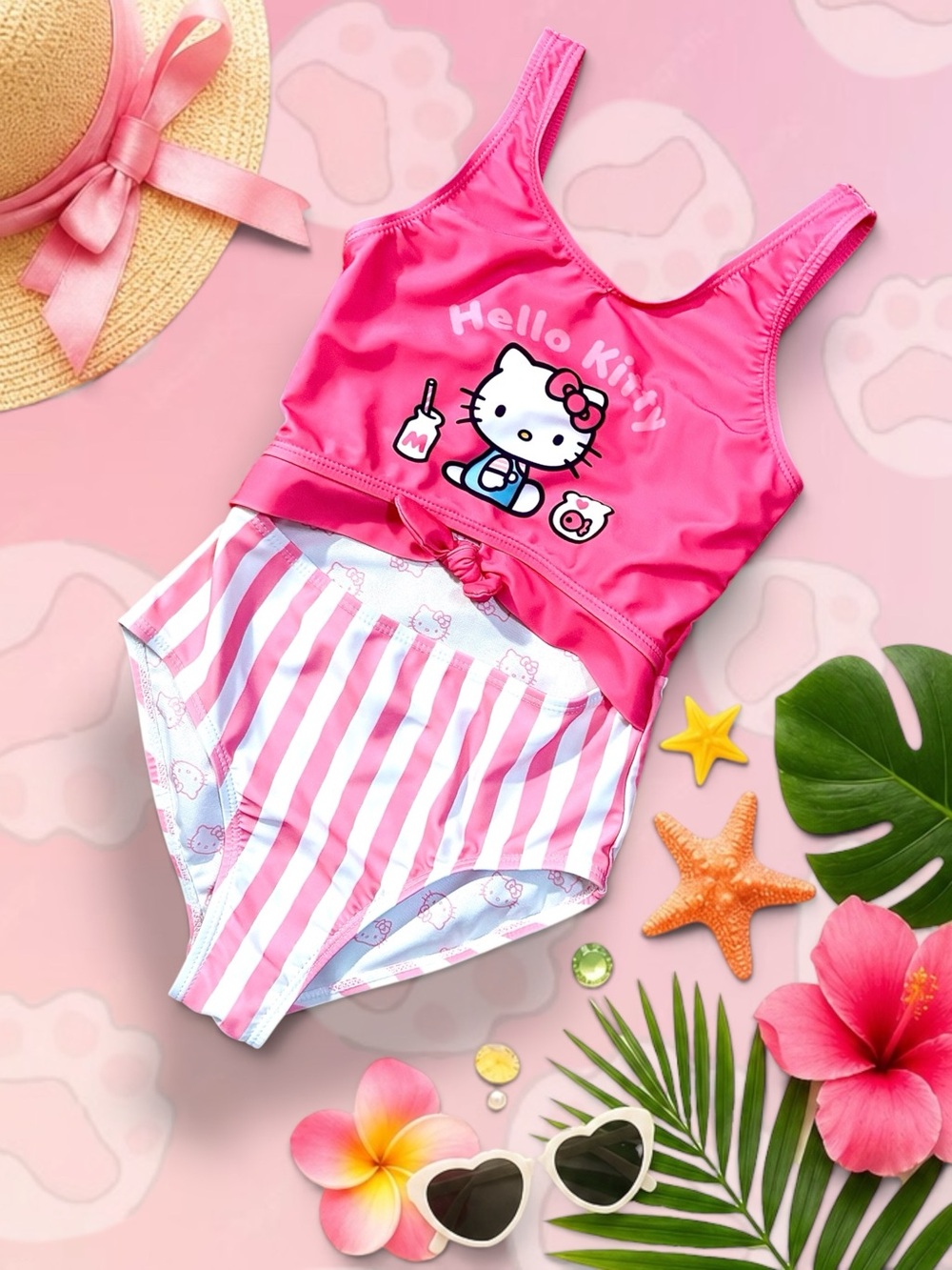 Hello Kitty By Sanrio Girls Pink Striped Graphic One‑Piece Swimsuit Small (6/6X)